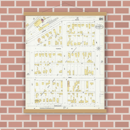 Old map wall art mockup — magnetic wood frame on brick wall — Sanborn Fire Insurance Map from Marinette, Marinette County, Wisconsin (1901), Sheet #0026