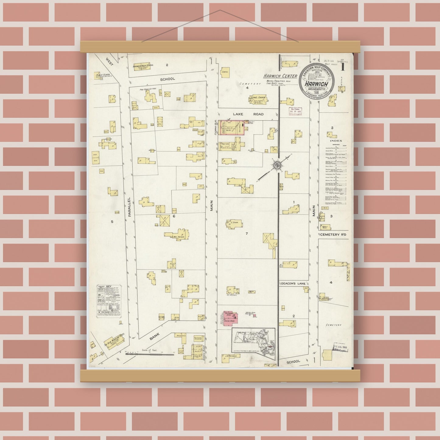 Old map wall art mockup — magnetic wood frame on brick wall — Sanborn Fire Insurance Map from Harwich, Barnstable County, Massachusetts (1915) - Complete Map Set