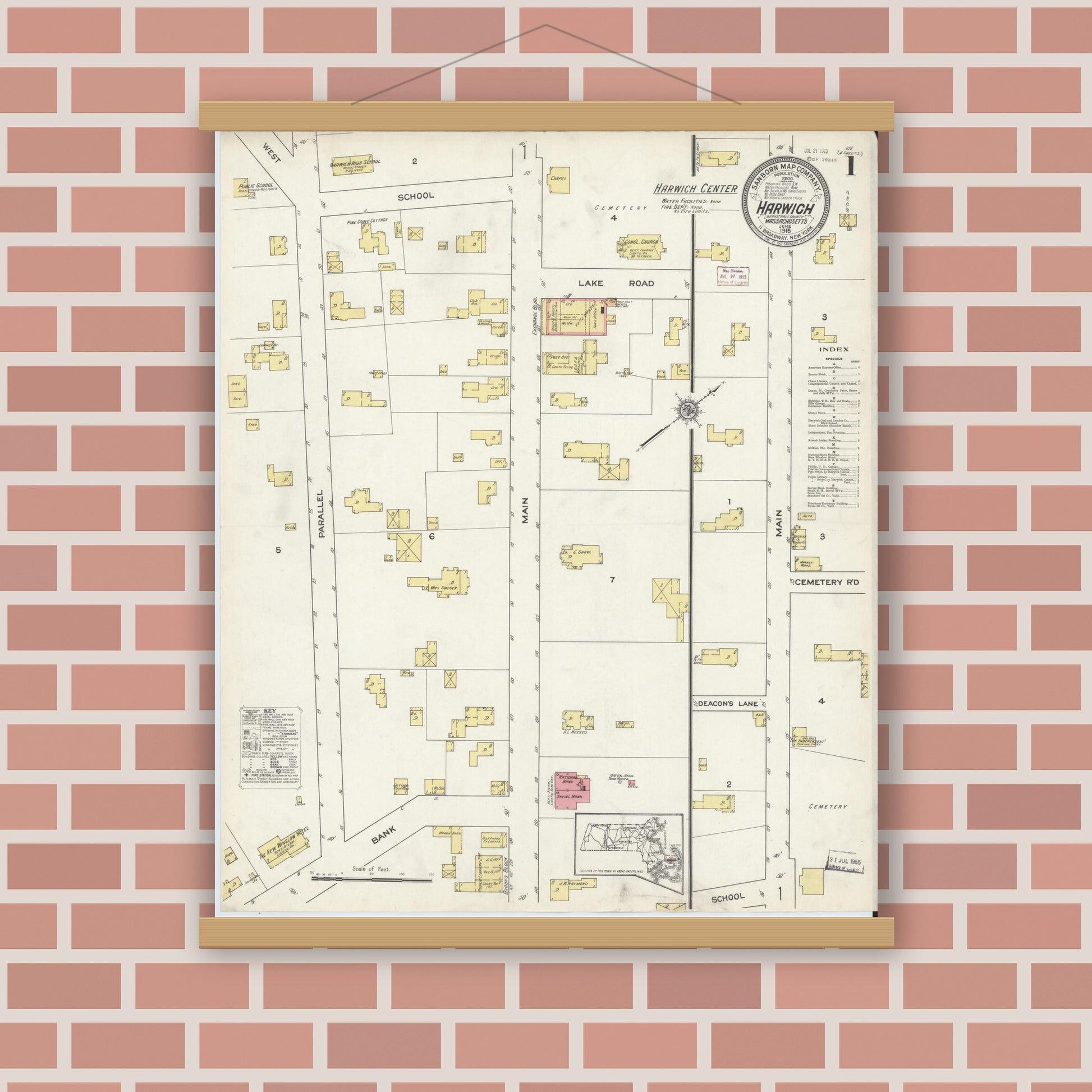 Old map wall art mockup — magnetic wood frame on brick wall — Sanborn Fire Insurance Map from Harwich, Barnstable County, Massachusetts (1915) - Complete Map Set