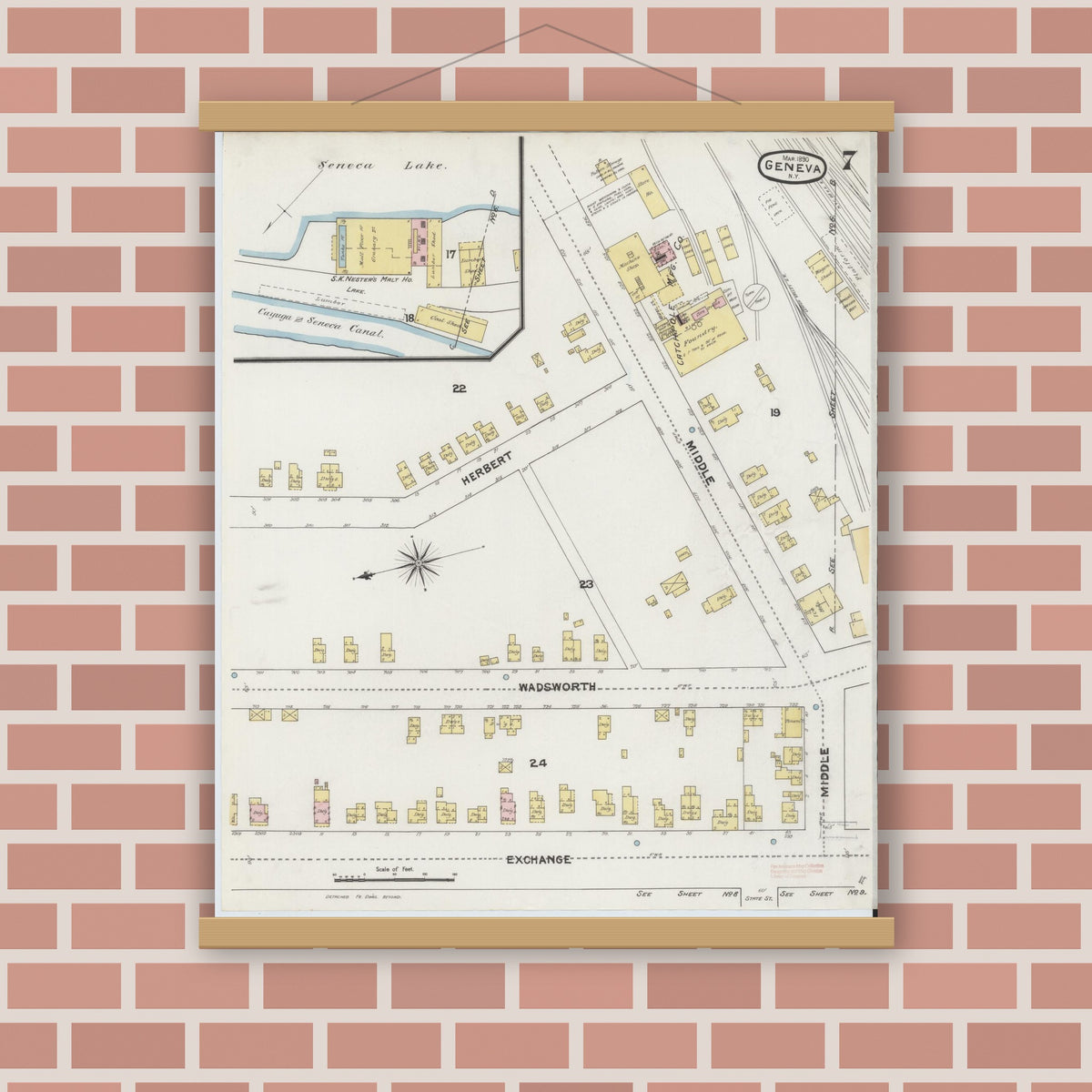 Old map wall art mockup — magnetic wood frame on brick wall — Sanborn Fire Insurance Map from Geneva, Ontario County, New York (1890), Sheet #0007