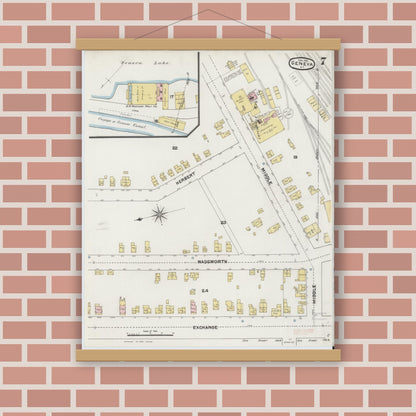 Old map wall art mockup — magnetic wood frame on brick wall — Sanborn Fire Insurance Map from Geneva, Ontario County, New York (1890), Sheet #0007