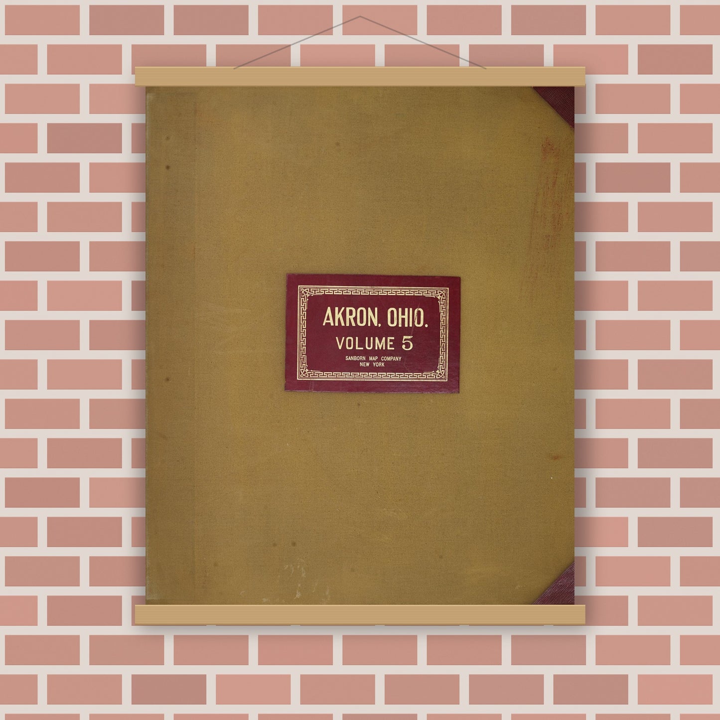 Old map wall art mockup — magnetic wood frame on brick wall — Sanborn Fire Insurance Map from Akron, Summit County, Ohio (1951), Sheet #0001