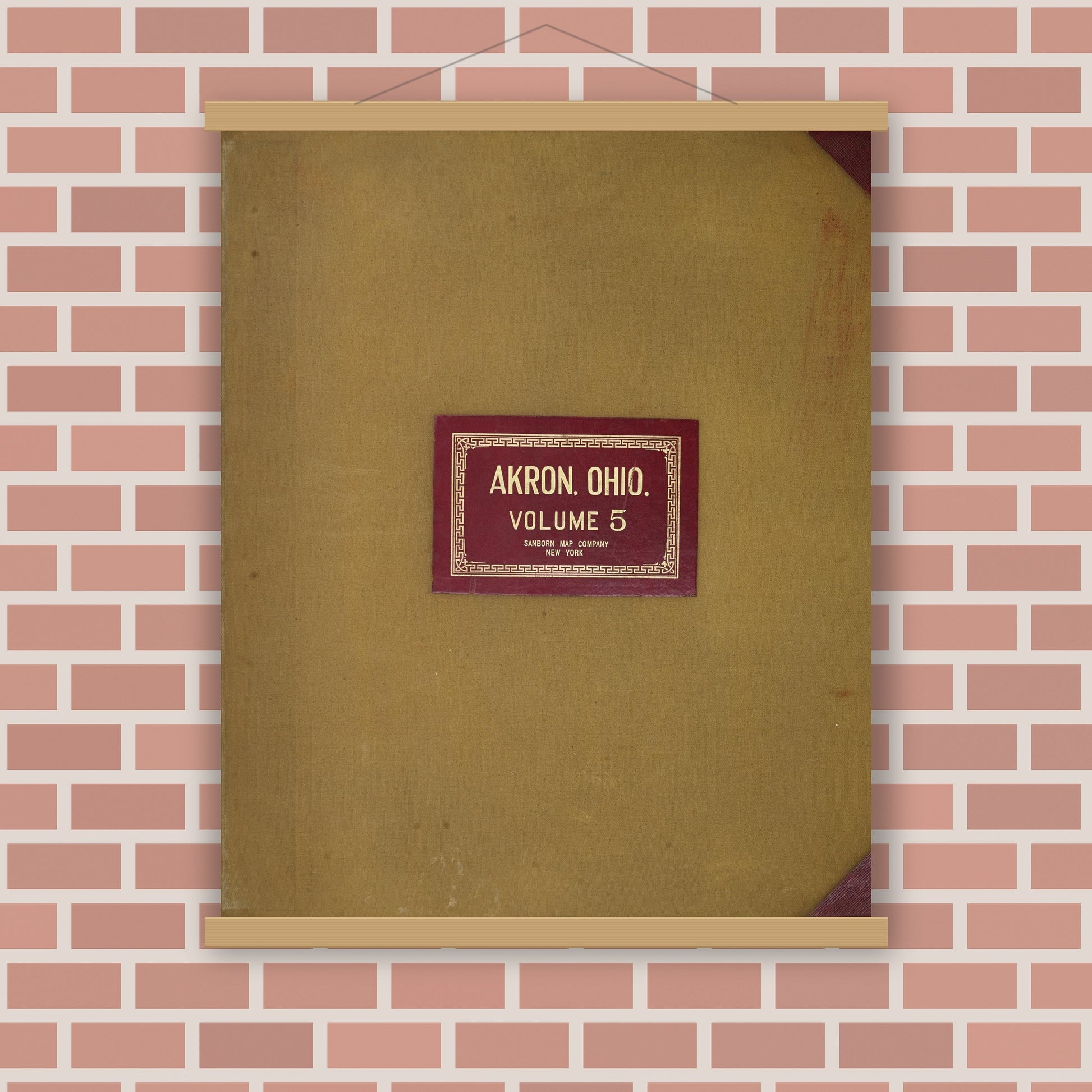 Old map wall art mockup — magnetic wood frame on brick wall — Sanborn Fire Insurance Map from Akron, Summit County, Ohio (1951), Sheet #0001