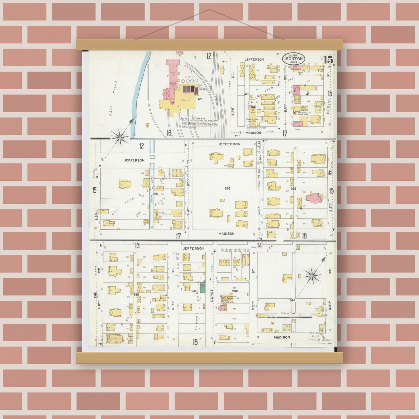 Old map wall art mockup — magnetic wood frame on brick wall — Sanborn Fire Insurance Map from Ironton, Lawrence County, Ohio (1904), Sheet #0015