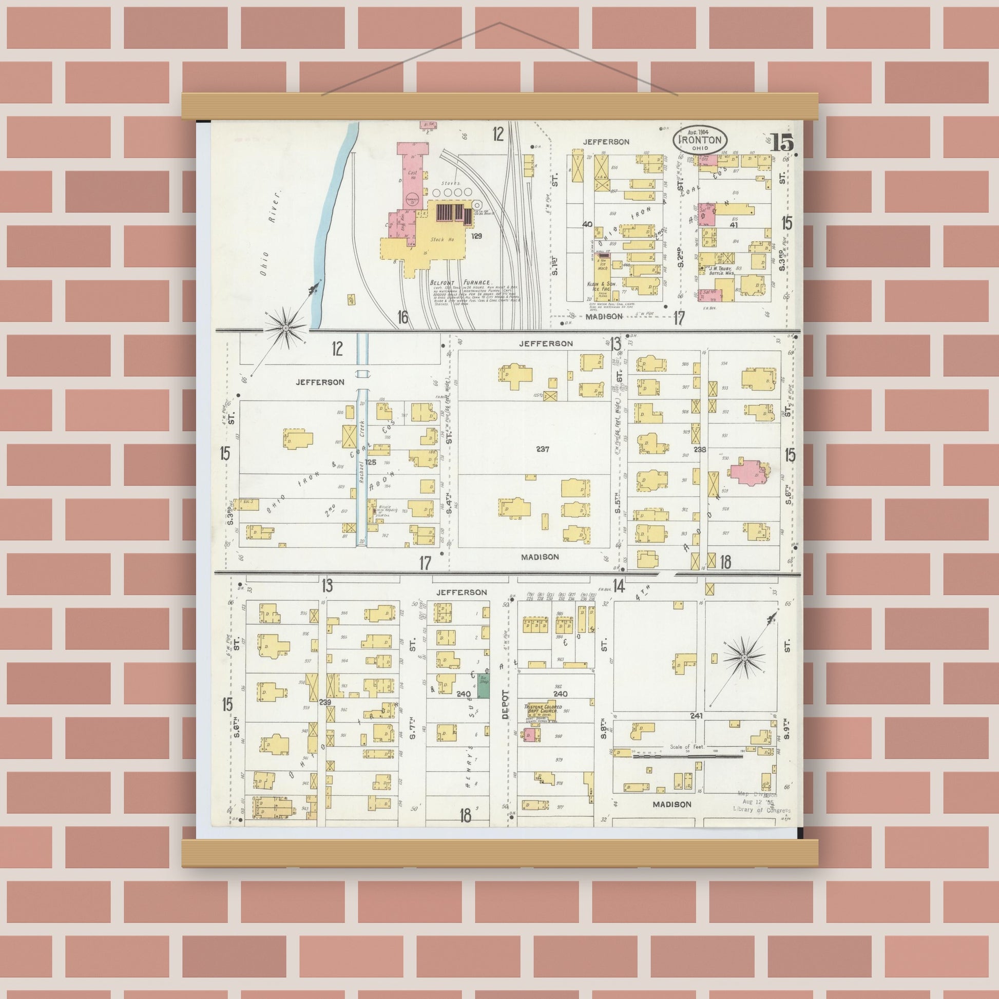 Old map wall art mockup — magnetic wood frame on brick wall — Sanborn Fire Insurance Map from Ironton, Lawrence County, Ohio (1904), Sheet #0015