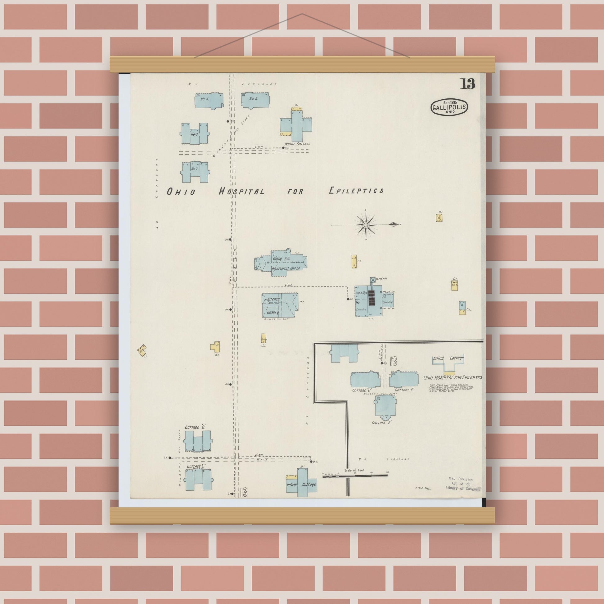 Old map wall art mockup — magnetic wood frame on brick wall — Sanborn Fire Insurance Map from Gallipolis, Gallia County, Ohio (1895), Sheet #0013