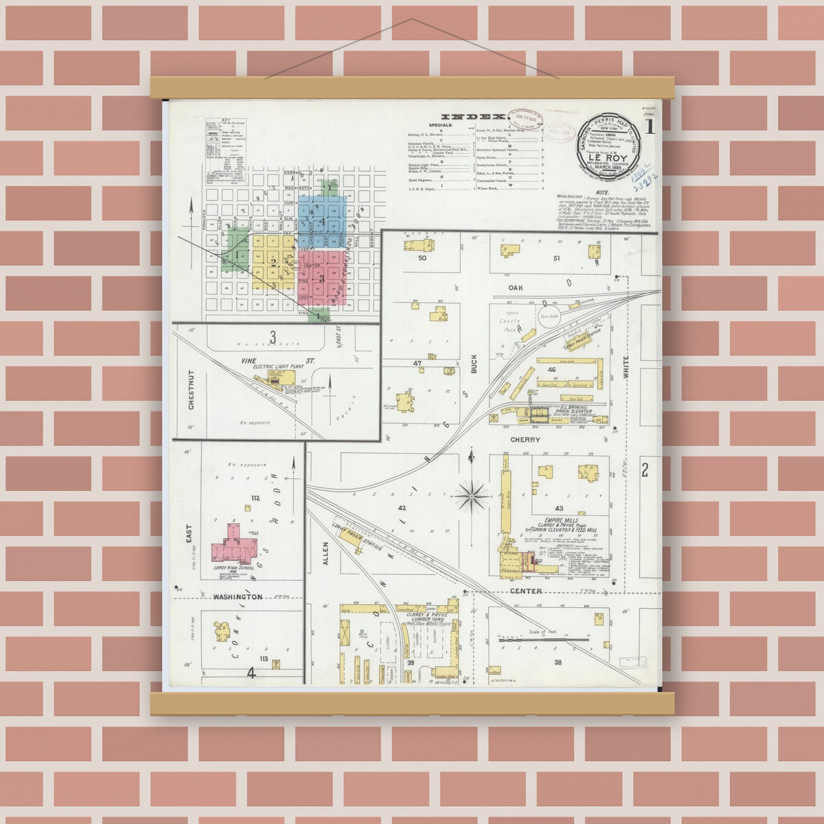 Old map wall art mockup — magnetic wood frame on brick wall — Sanborn Fire Insurance Map from Leroy, McLean County, Illinois (1899), Sheet #0001