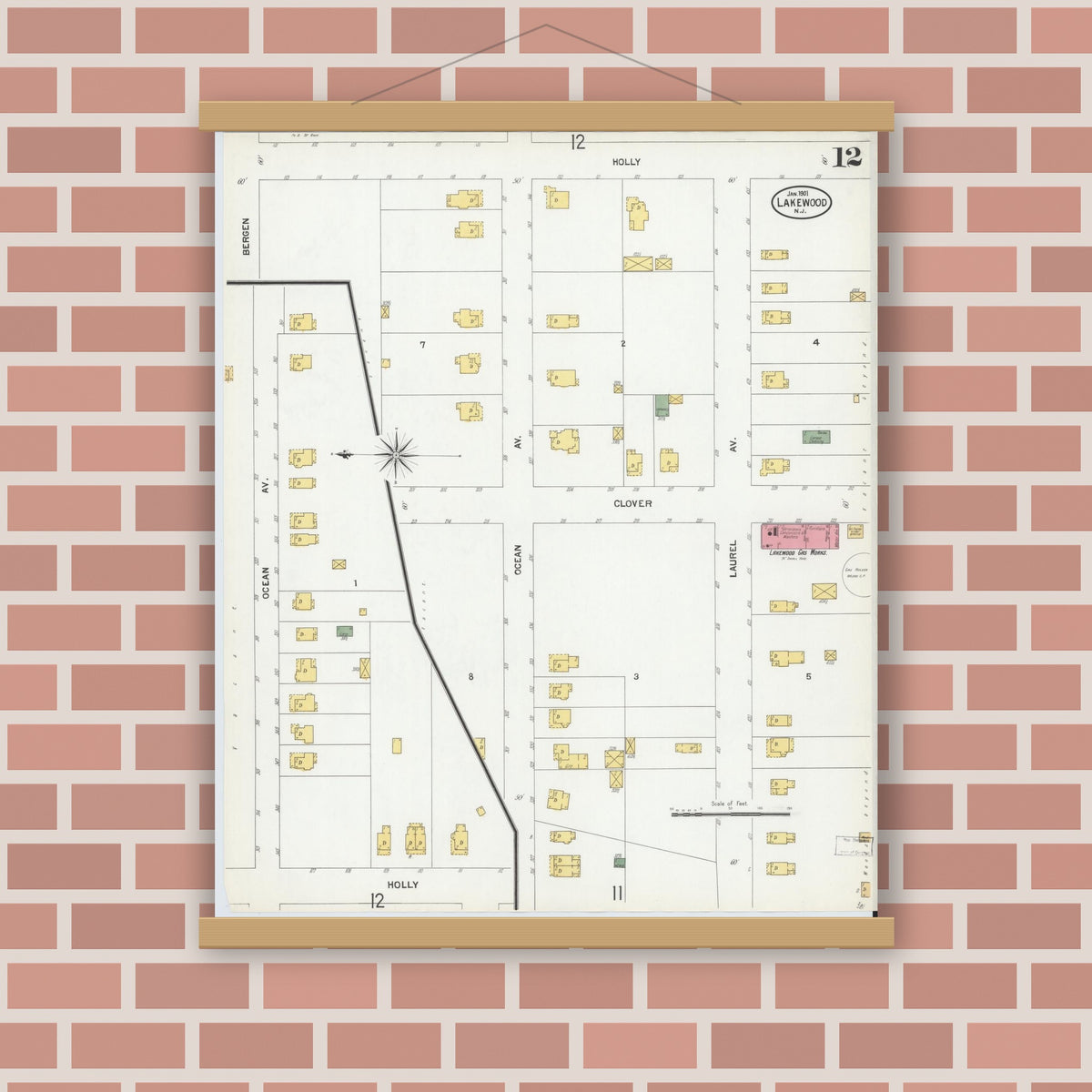 Old map wall art mockup — magnetic wood frame on brick wall — Sanborn Fire Insurance Map from Lakewood, Ocean County, New Jersey (1901), Sheet #0012