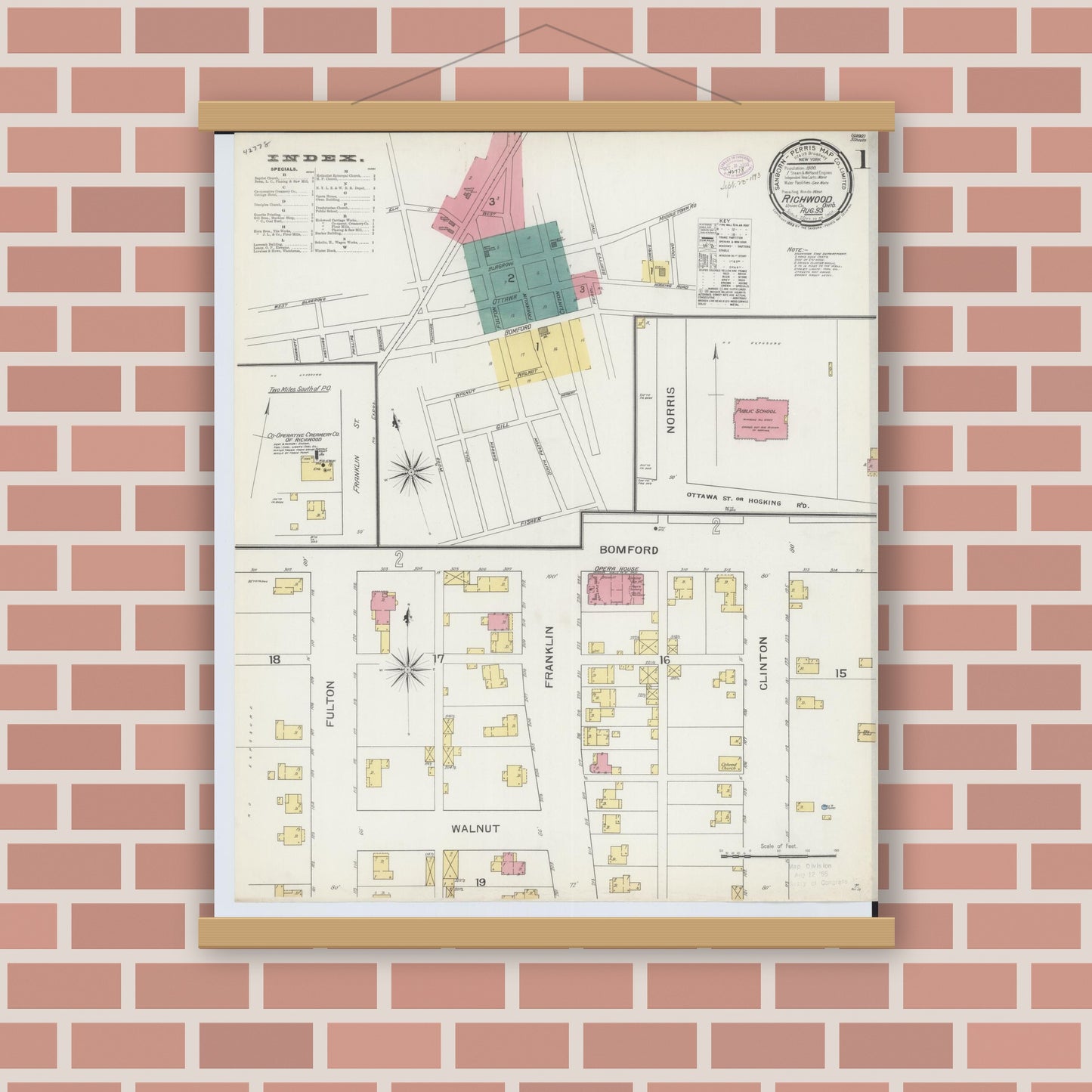 Old map wall art mockup — magnetic wood frame on brick wall — Sanborn Fire Insurance Map from Richwood, Union County, Ohio (1893) - Complete Map Set