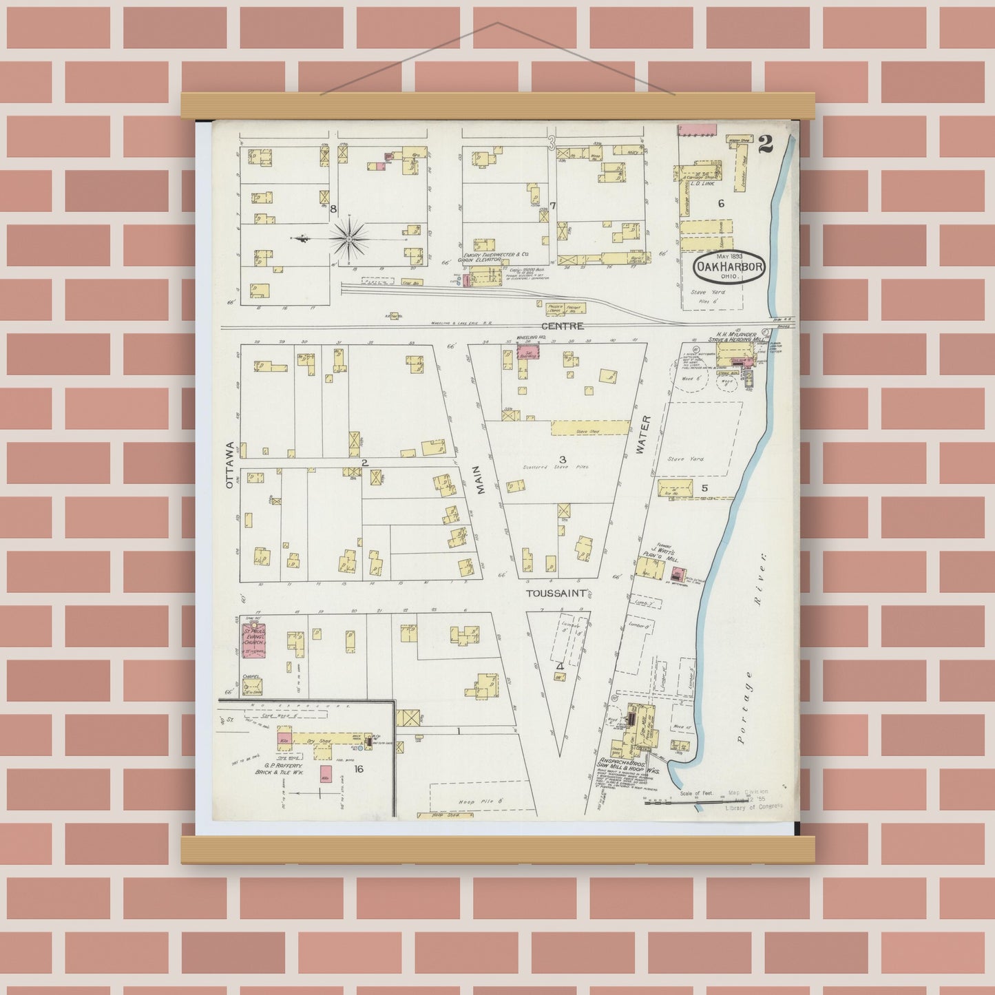 Old map wall art mockup — magnetic wood frame on brick wall — Sanborn Fire Insurance Map from Oak Harbor, Ottawa County, Ohio (1893), Sheet #0002