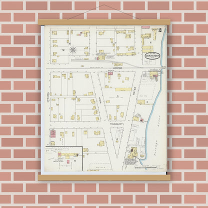 Old map wall art mockup — magnetic wood frame on brick wall — Sanborn Fire Insurance Map from Oak Harbor, Ottawa County, Ohio (1893), Sheet #0002