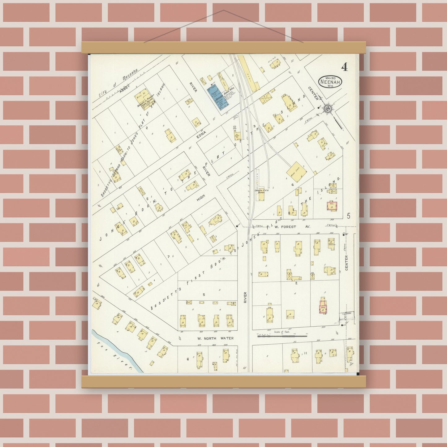 Old map wall art mockup — magnetic wood frame on brick wall — Sanborn Fire Insurance Map from Neenah, Winnebago County, Wisconsin (1913), Sheet #0004