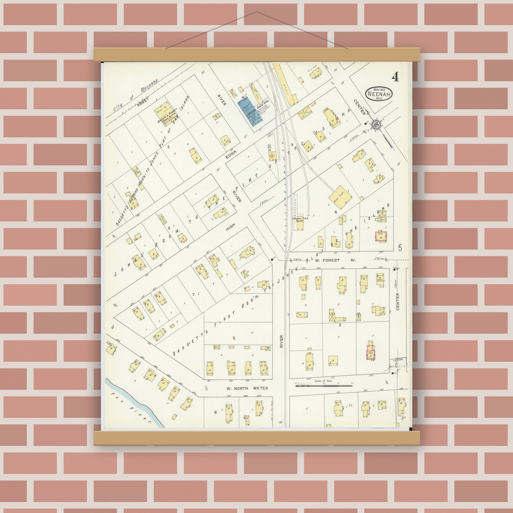 Old map wall art mockup — magnetic wood frame on brick wall — Sanborn Fire Insurance Map from Neenah, Winnebago County, Wisconsin (1913), Sheet #0004