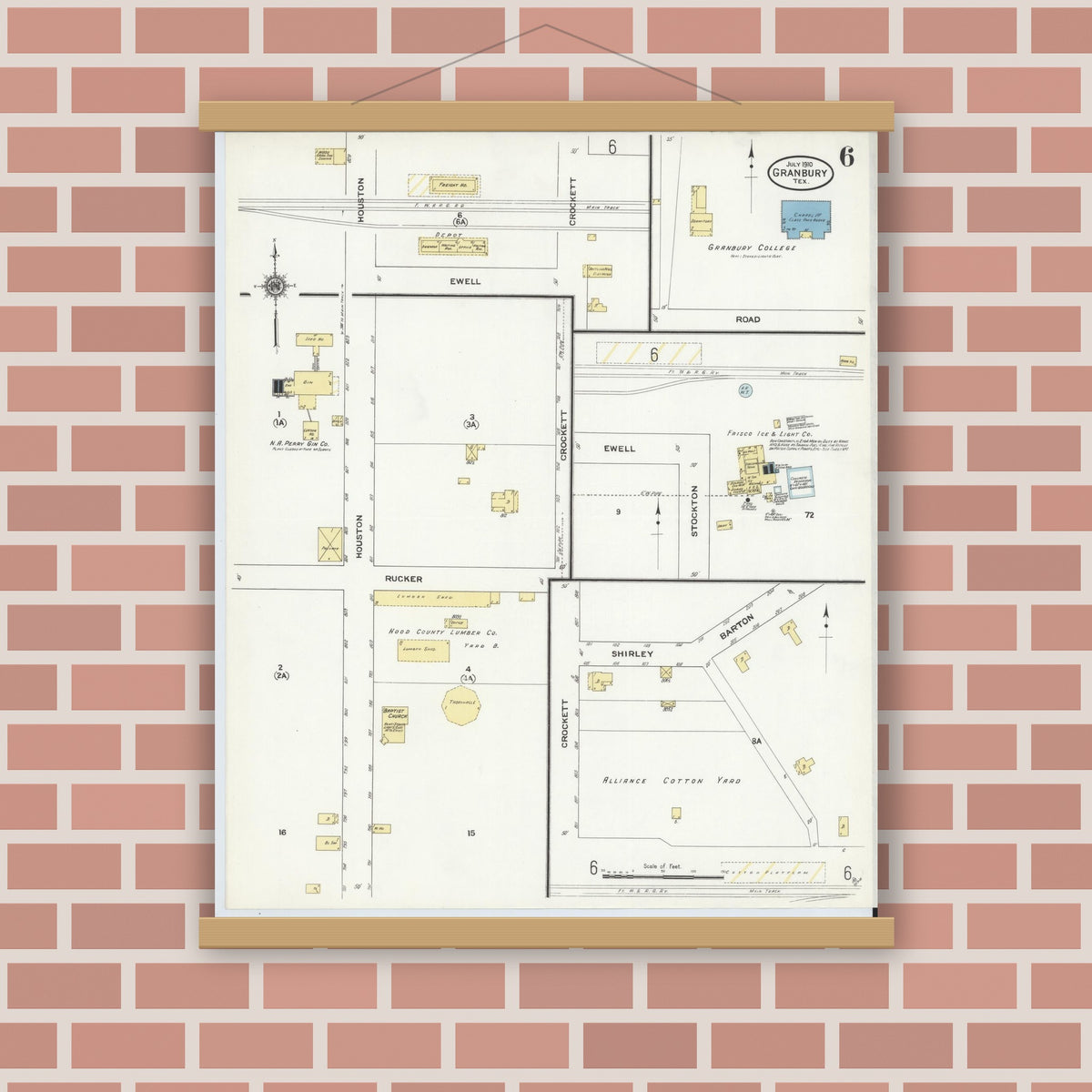 Old map wall art mockup — magnetic wood frame on brick wall — Sanborn Fire Insurance Map from Granbury, Hood County, Texas (1910), Sheet #0006