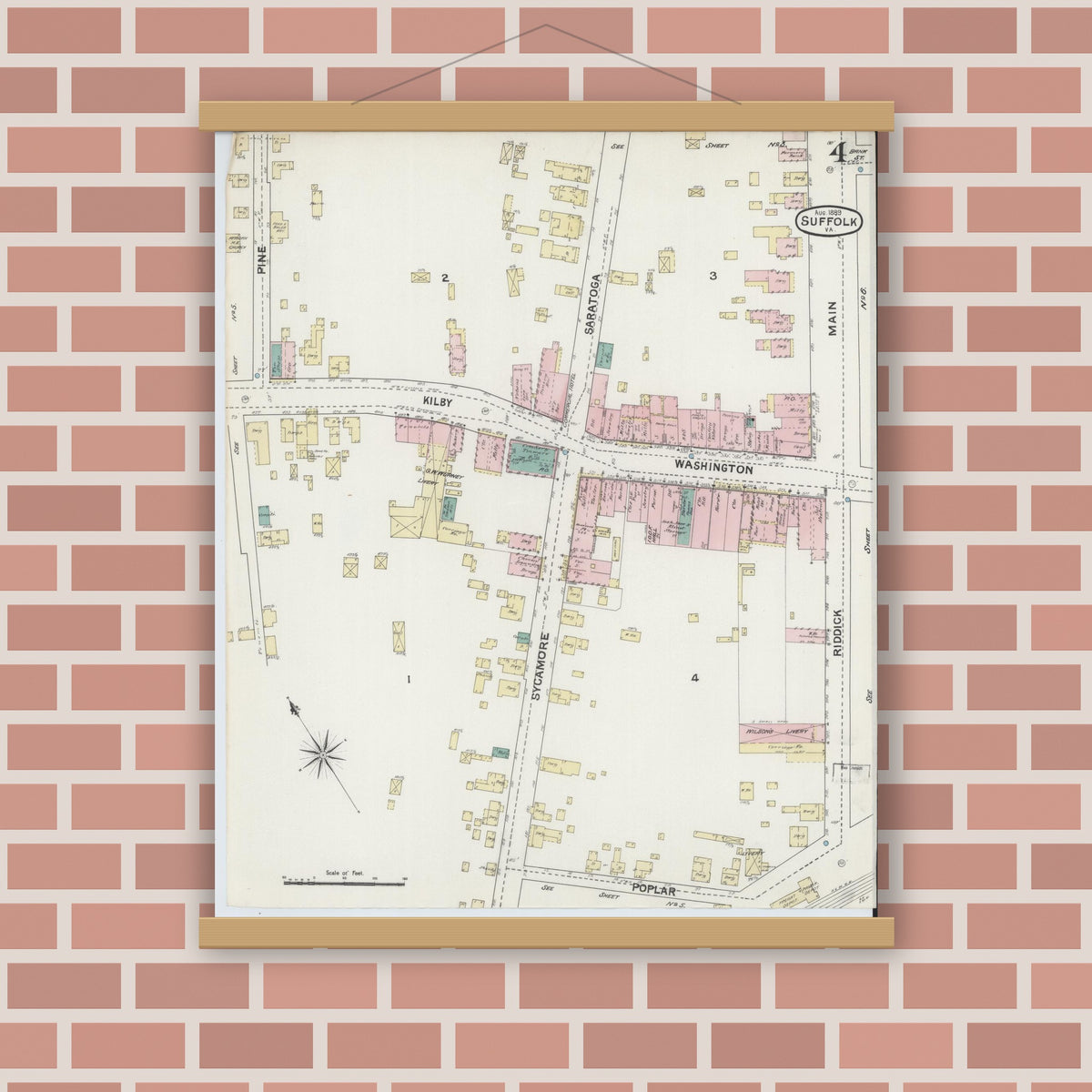 Old map wall art mockup — magnetic wood frame on brick wall — Sanborn Fire Insurance Map from Suffolk, Independent Cities, Virginia (1889), Sheet #0004