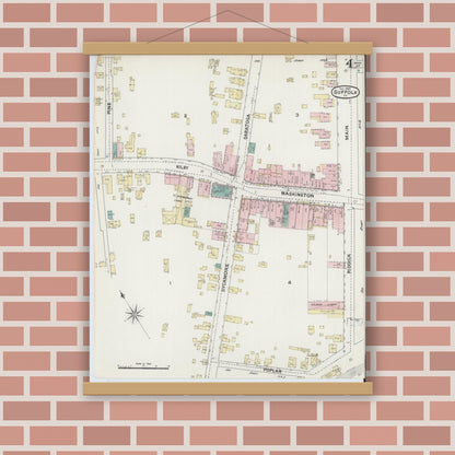 Old map wall art mockup — magnetic wood frame on brick wall — Sanborn Fire Insurance Map from Suffolk, Independent Cities, Virginia (1889), Sheet #0004