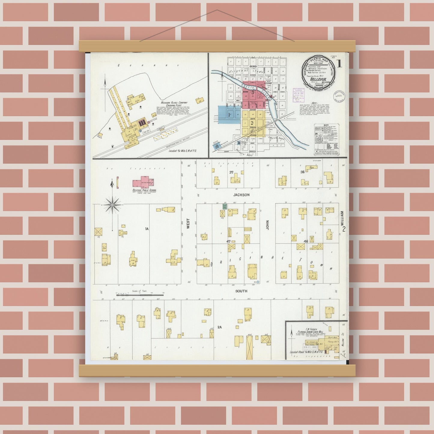 Old map wall art mockup — magnetic wood frame on brick wall — Sanborn Fire Insurance Map from Bellevue, Eaton County, Michigan (1901) - Complete Map Set