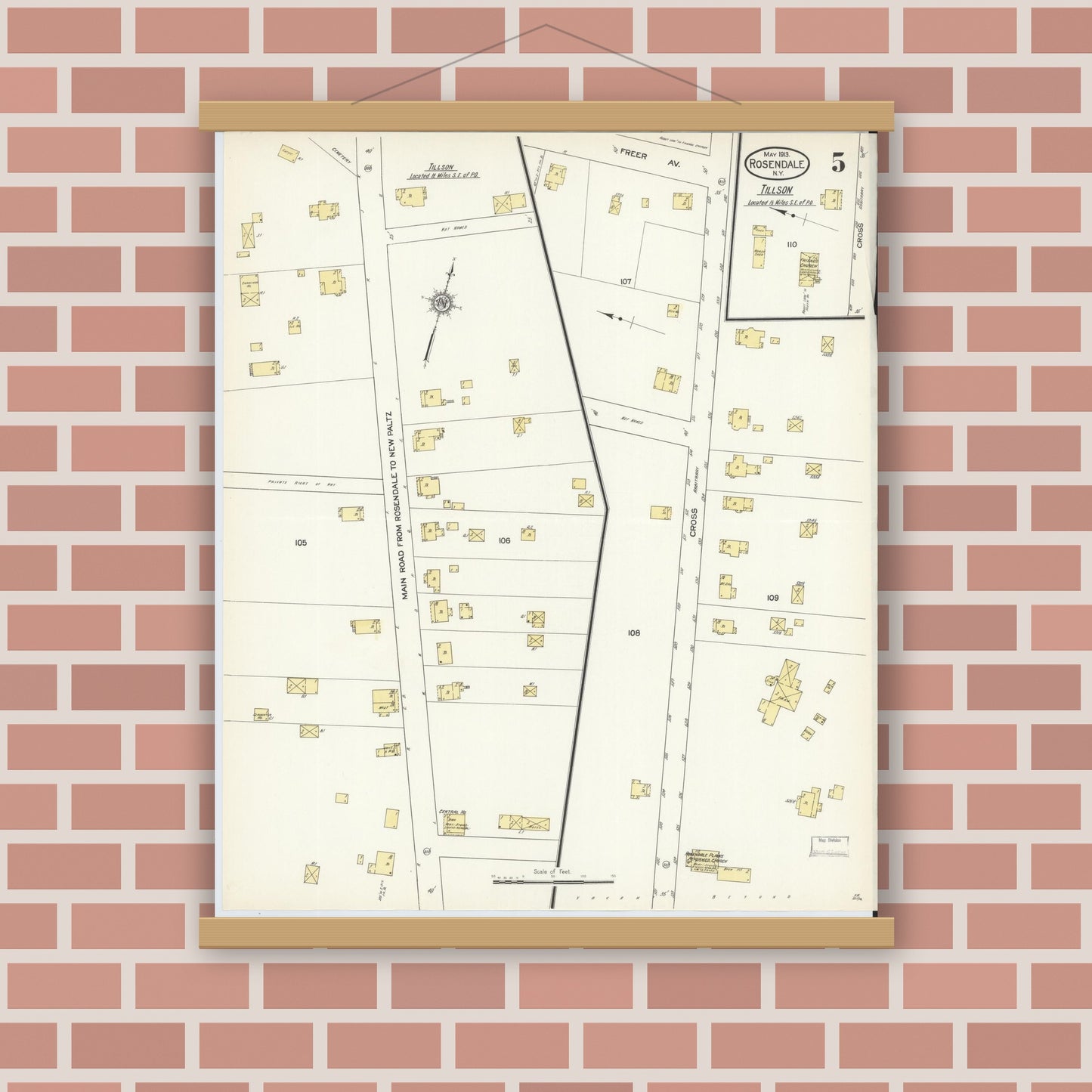 Old map wall art mockup — magnetic wood frame on brick wall — Sanborn Fire Insurance Map from Rosendale, Ulster County, New York (1913), Sheet #0005