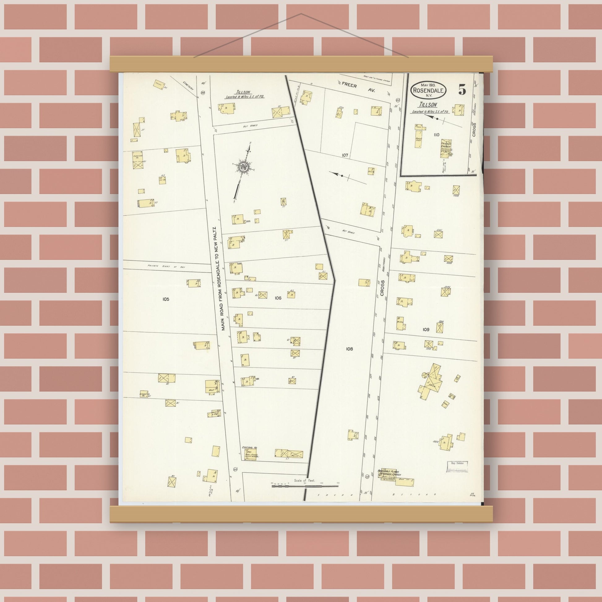 Old map wall art mockup — magnetic wood frame on brick wall — Sanborn Fire Insurance Map from Rosendale, Ulster County, New York (1913), Sheet #0005