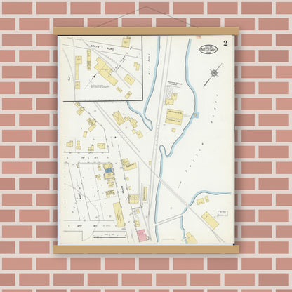 Old map wall art mockup — magnetic wood frame on brick wall — Sanborn Fire Insurance Map from Necedah, Juneau County, Wisconsin (1916), Sheet #0002