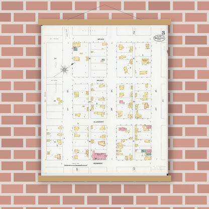 Old map wall art mockup — magnetic wood frame on brick wall — Sanborn Fire Insurance Map from Wabasha, Wabasha County, Minnesota (1902), Sheet #0003