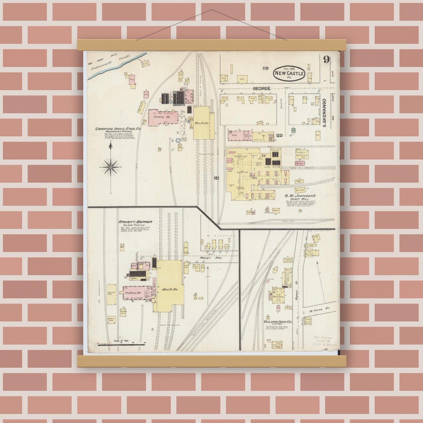 Old map wall art mockup — magnetic wood frame on brick wall — Sanborn Fire Insurance Map from New Castle, Lawrence County, Pennsylvania (1888), Sheet #0009
