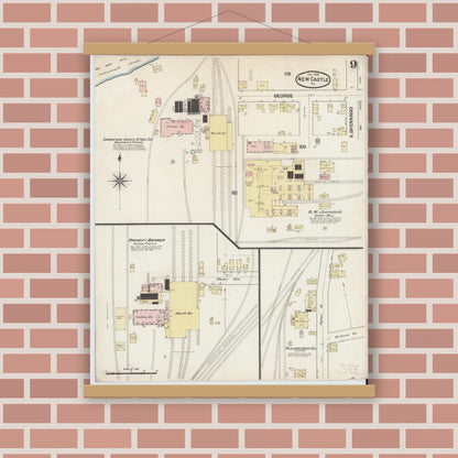 Old map wall art mockup — magnetic wood frame on brick wall — Sanborn Fire Insurance Map from New Castle, Lawrence County, Pennsylvania (1888), Sheet #0009