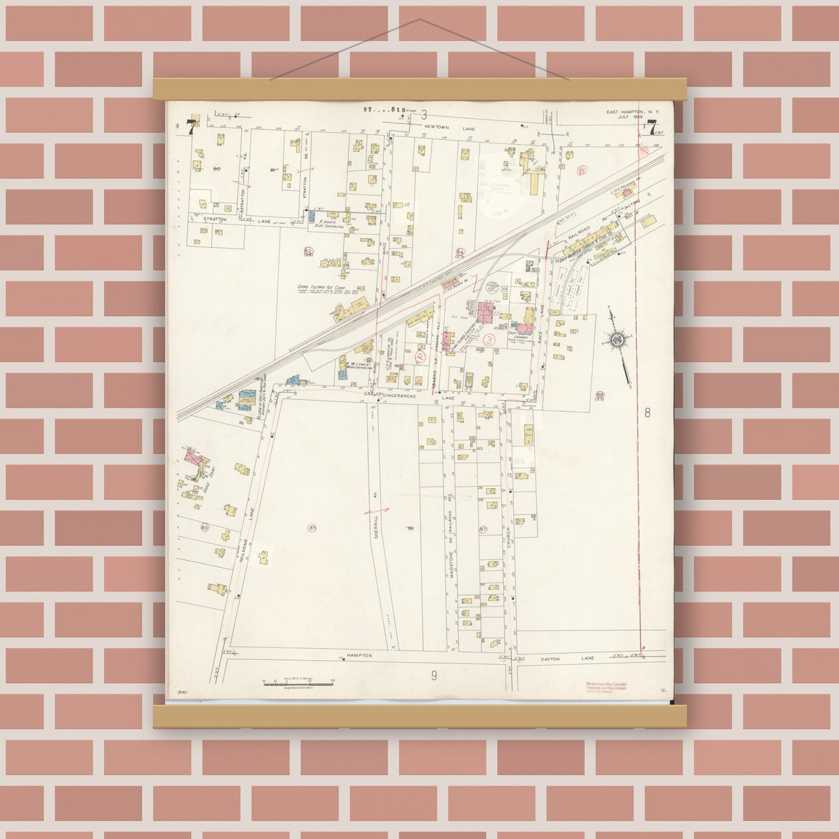 Old map wall art mockup — magnetic wood frame on brick wall — Sanborn Fire Insurance Map from Easthampton, Suffolk County, New York (1943), Sheet #0007