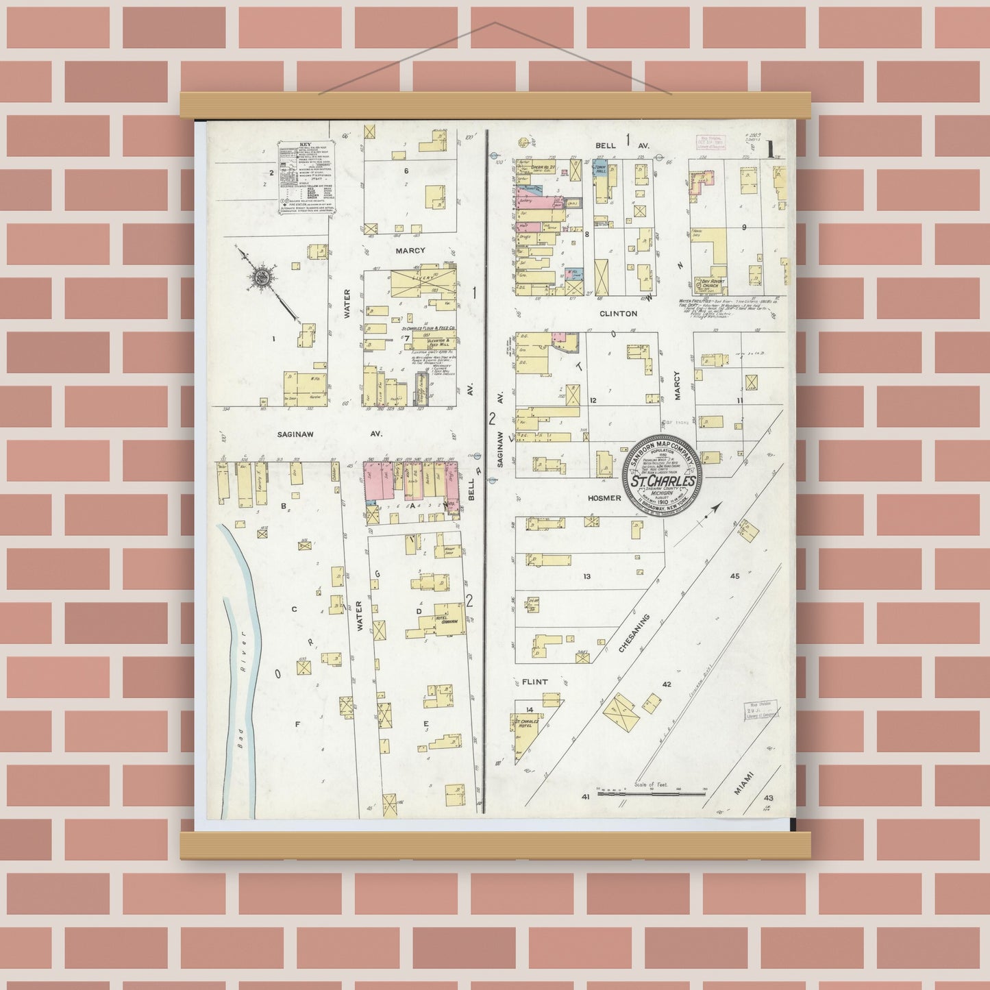 Old map wall art mockup — magnetic wood frame on brick wall — Sanborn Fire Insurance Map from Saint Charles, Saginaw County, Michigan (1910) - Complete Map Set