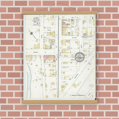Old map wall art mockup — magnetic wood frame on brick wall — Sanborn Fire Insurance Map from Saint Charles, Saginaw County, Michigan (1910) - Complete Map Set