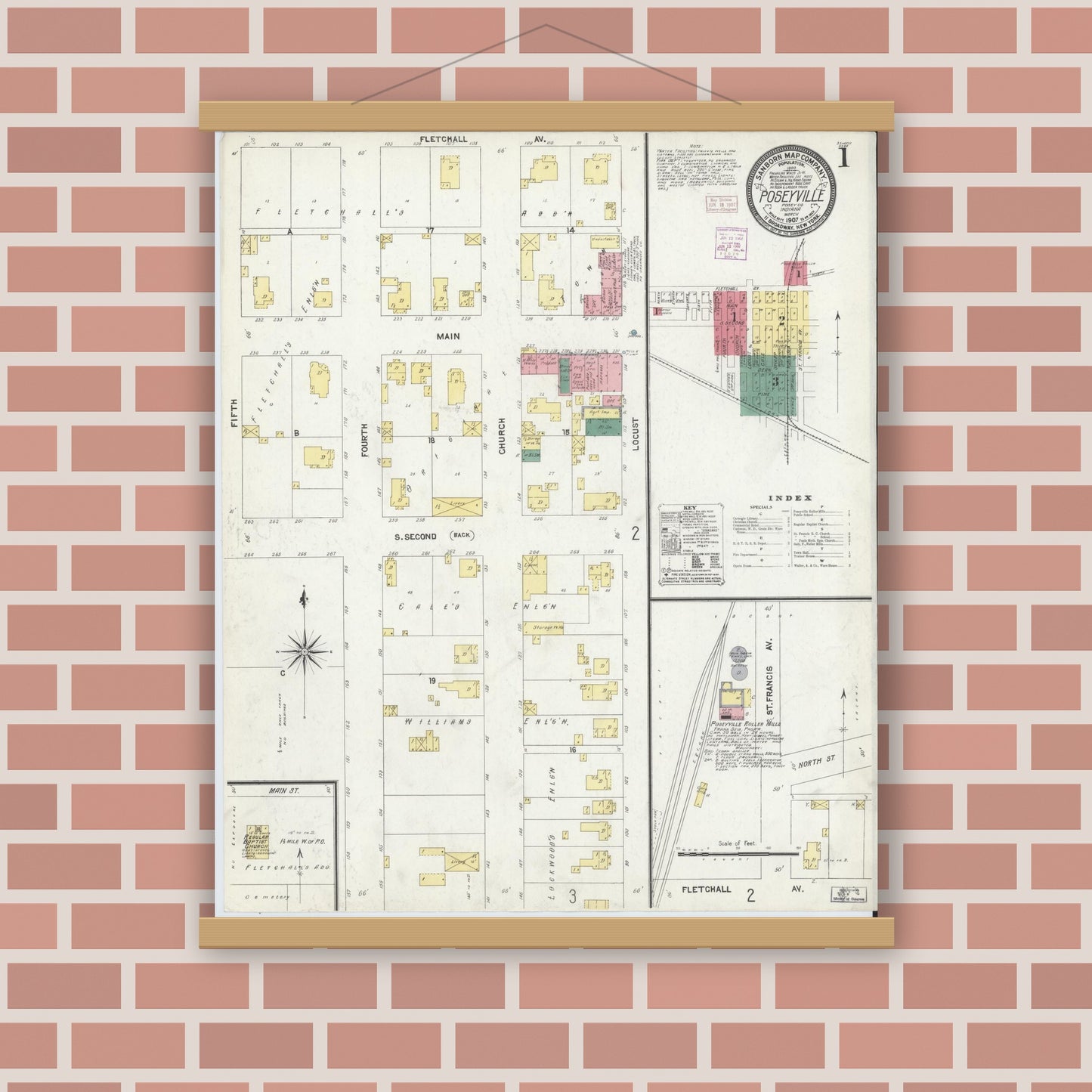 Old map wall art mockup — magnetic wood frame on brick wall — Sanborn Fire Insurance Map from Poseyville, Posey County, Indiana (1907) - Complete Map Set