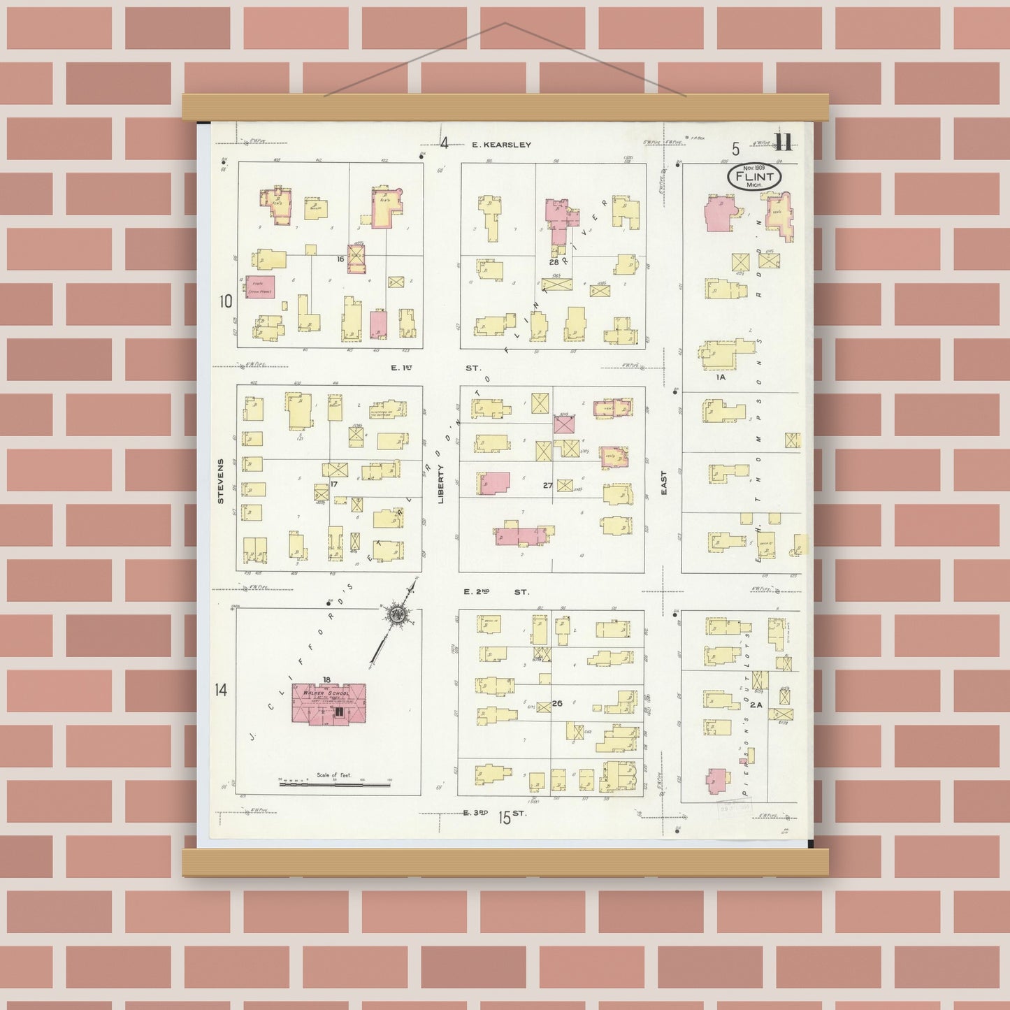 Old map wall art mockup — magnetic wood frame on brick wall — Sanborn Fire Insurance Map from Flint, Genesee County, Michigan (1909), Sheet #0011