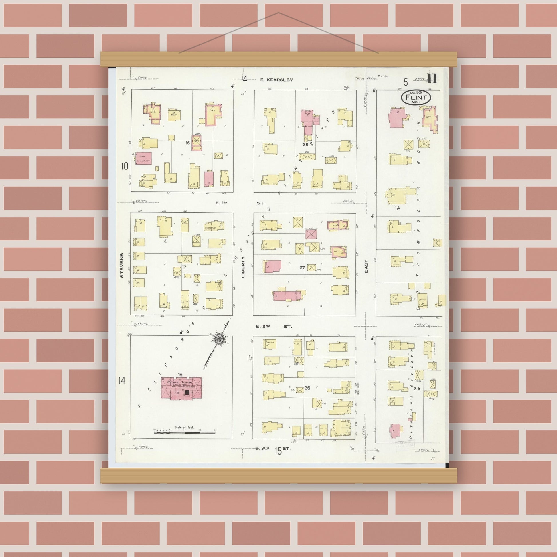 Old map wall art mockup — magnetic wood frame on brick wall — Sanborn Fire Insurance Map from Flint, Genesee County, Michigan (1909), Sheet #0011