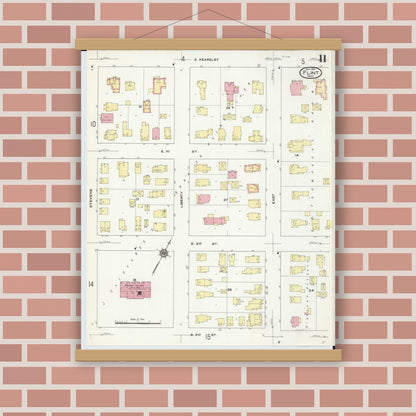 Old map wall art mockup — magnetic wood frame on brick wall — Sanborn Fire Insurance Map from Flint, Genesee County, Michigan (1909), Sheet #0011