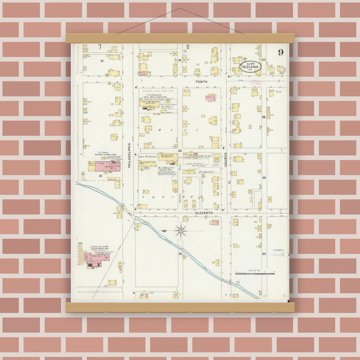 Old map wall art mockup — magnetic wood frame on brick wall — Sanborn Fire Insurance Map from Indiana, Indiana County, Pennsylvania (1888), Sheet #0009