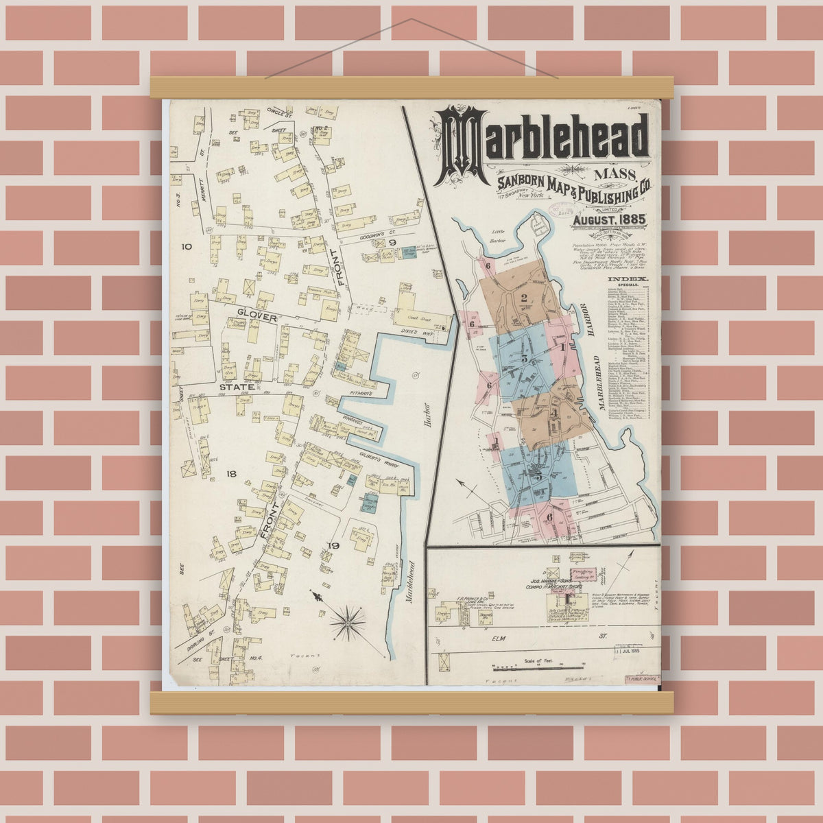 Old map wall art mockup — magnetic wood frame on brick wall — Sanborn Fire Insurance Map from Marblehead, Essex County, Massachusetts (1885), Sheet #0001