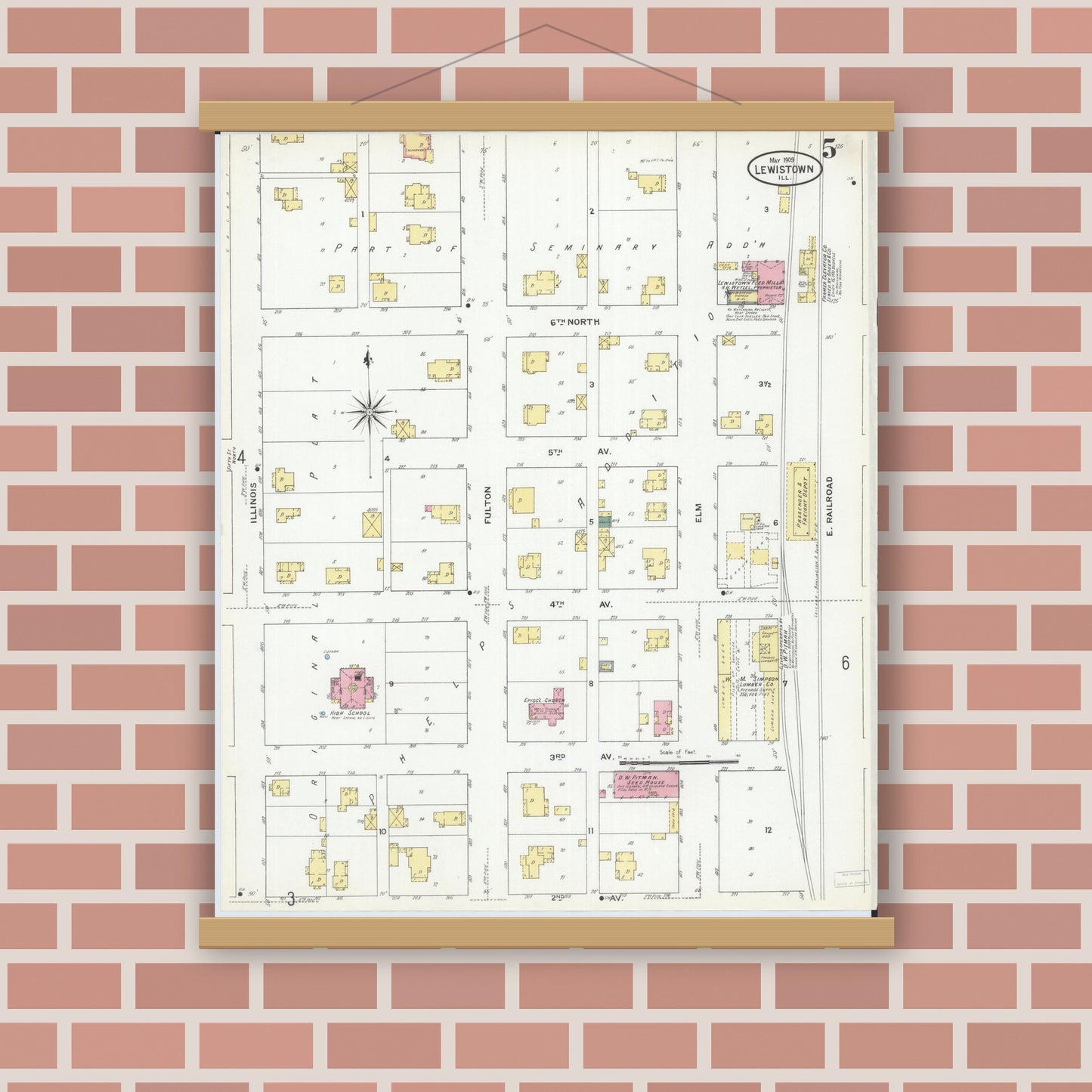 Old map wall art mockup — magnetic wood frame on brick wall — Sanborn Fire Insurance Map from Lewistown, Fulton County, Illinois (1909), Sheet #0005
