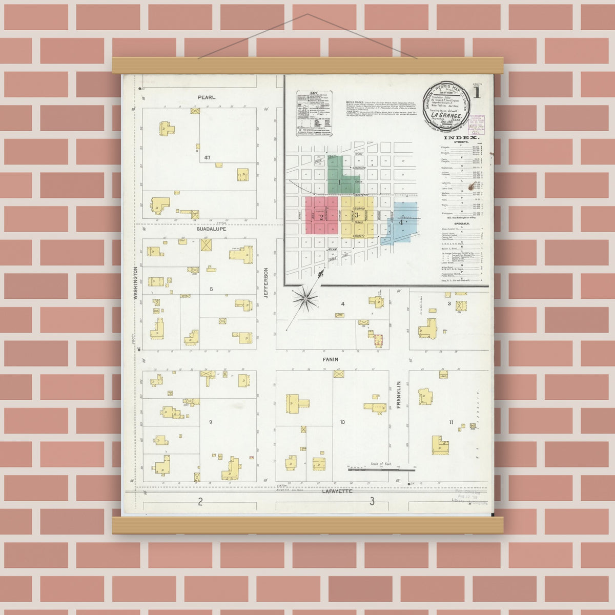 Old map wall art mockup — magnetic wood frame on brick wall — Sanborn Fire Insurance Map from La Grange, Fayette County, Texas (1901) - Complete Map Set