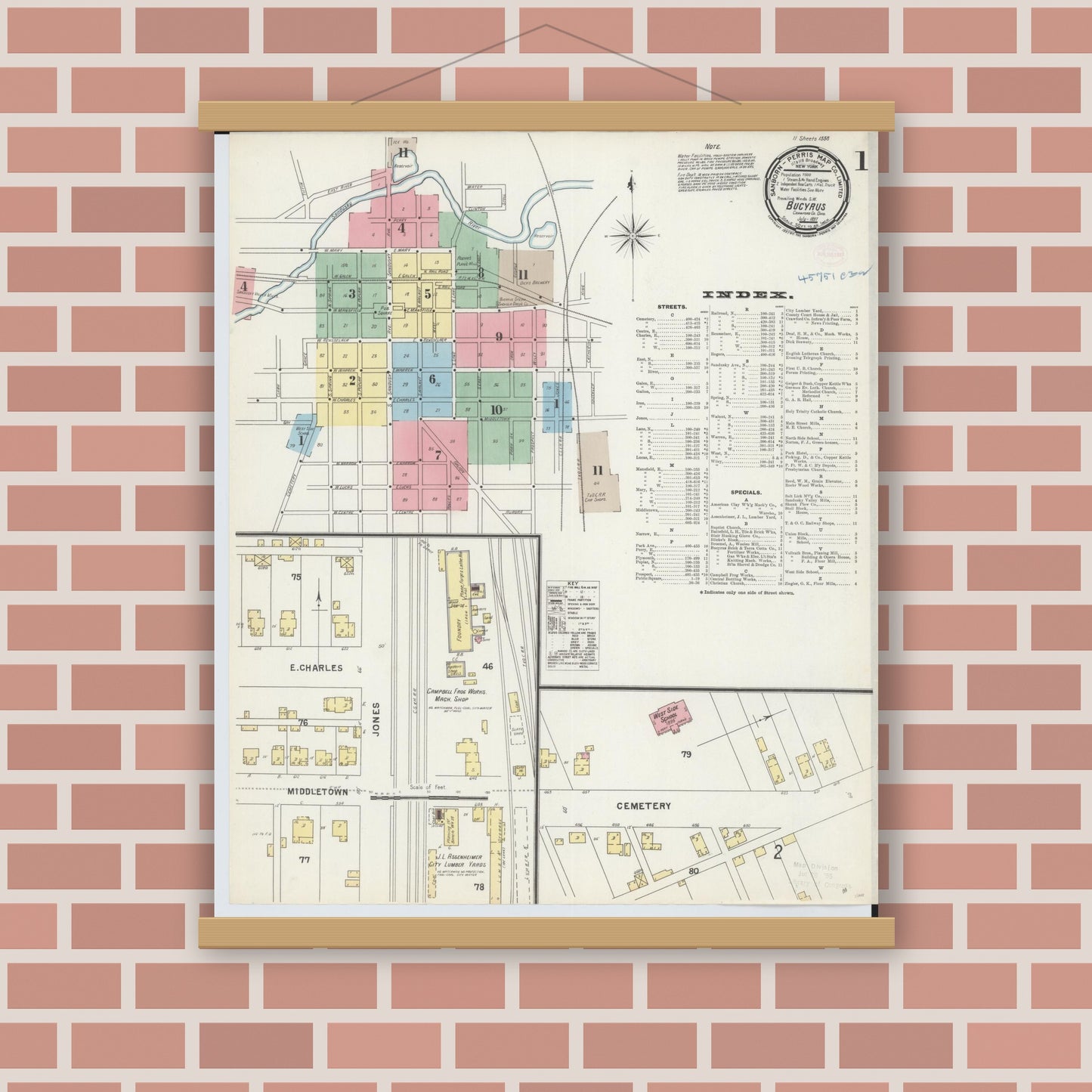 Old map wall art mockup — magnetic wood frame on brick wall — Sanborn Fire Insurance Map from Bucyrus, Crawford County, Ohio (1897) - Complete Map Set