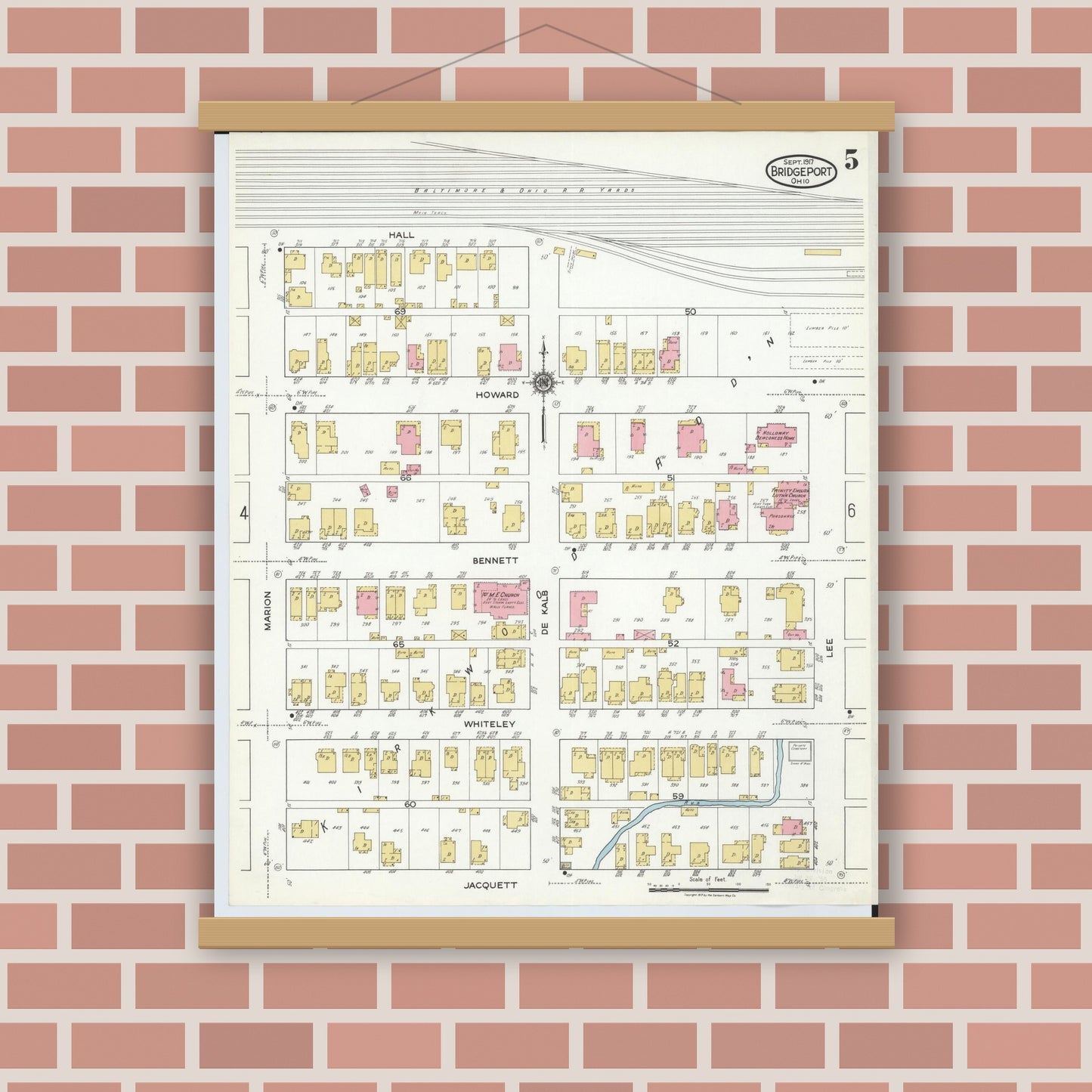 Old map wall art mockup — magnetic wood frame on brick wall — Sanborn Fire Insurance Map from Bridgeport, Belmont County, Ohio (1917), Sheet #0005