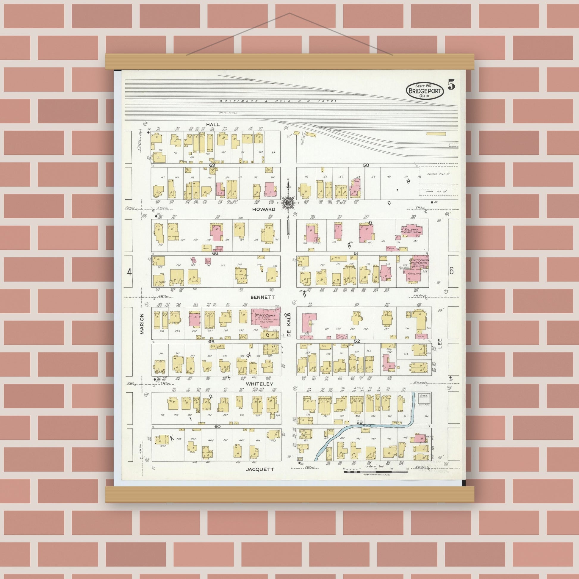 Old map wall art mockup — magnetic wood frame on brick wall — Sanborn Fire Insurance Map from Bridgeport, Belmont County, Ohio (1917), Sheet #0005