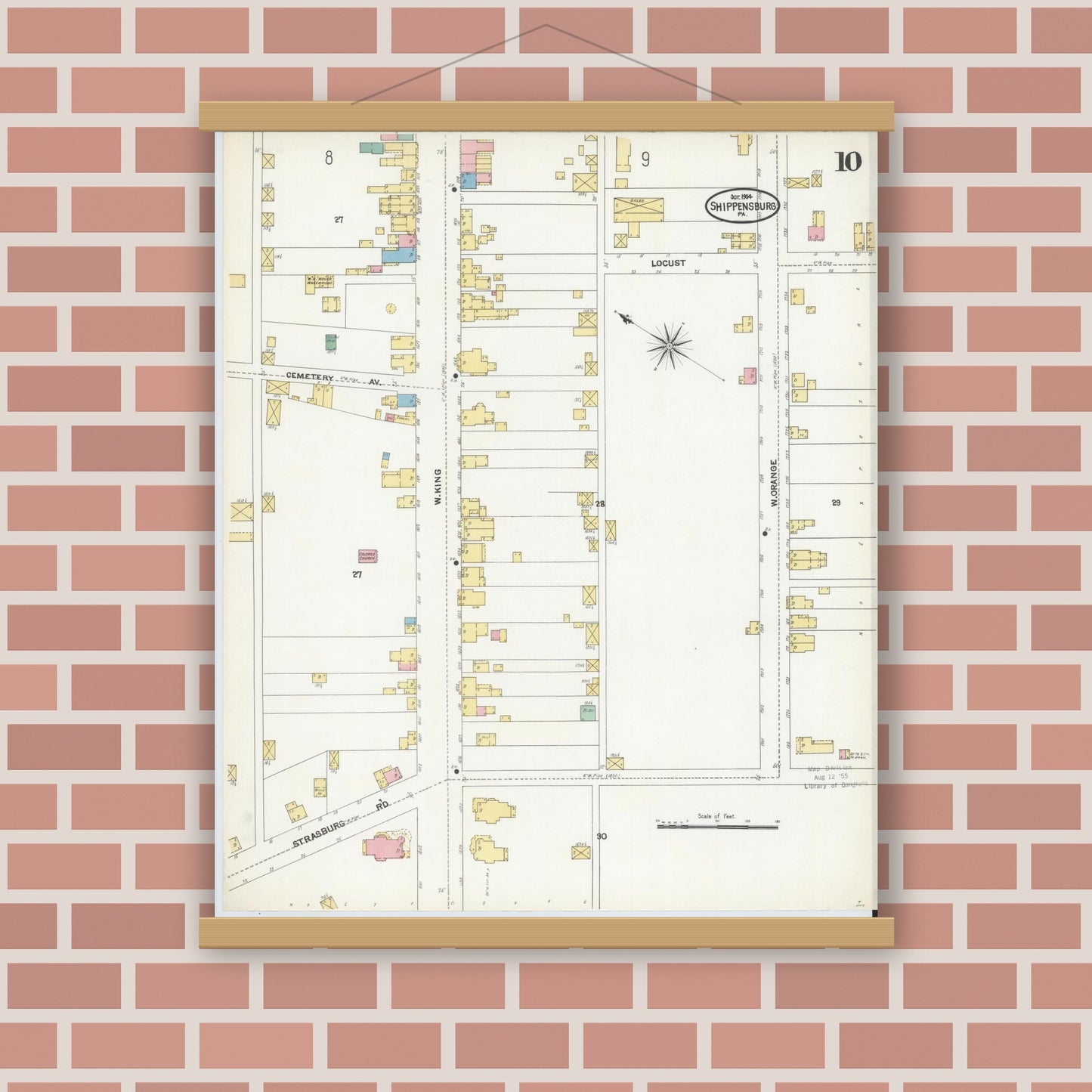 Old map wall art mockup — magnetic wood frame on brick wall — Sanborn Fire Insurance Map from Shippensburg, Cumberland And Franklin Counties, Pennsylvania (1904), Sheet #0010