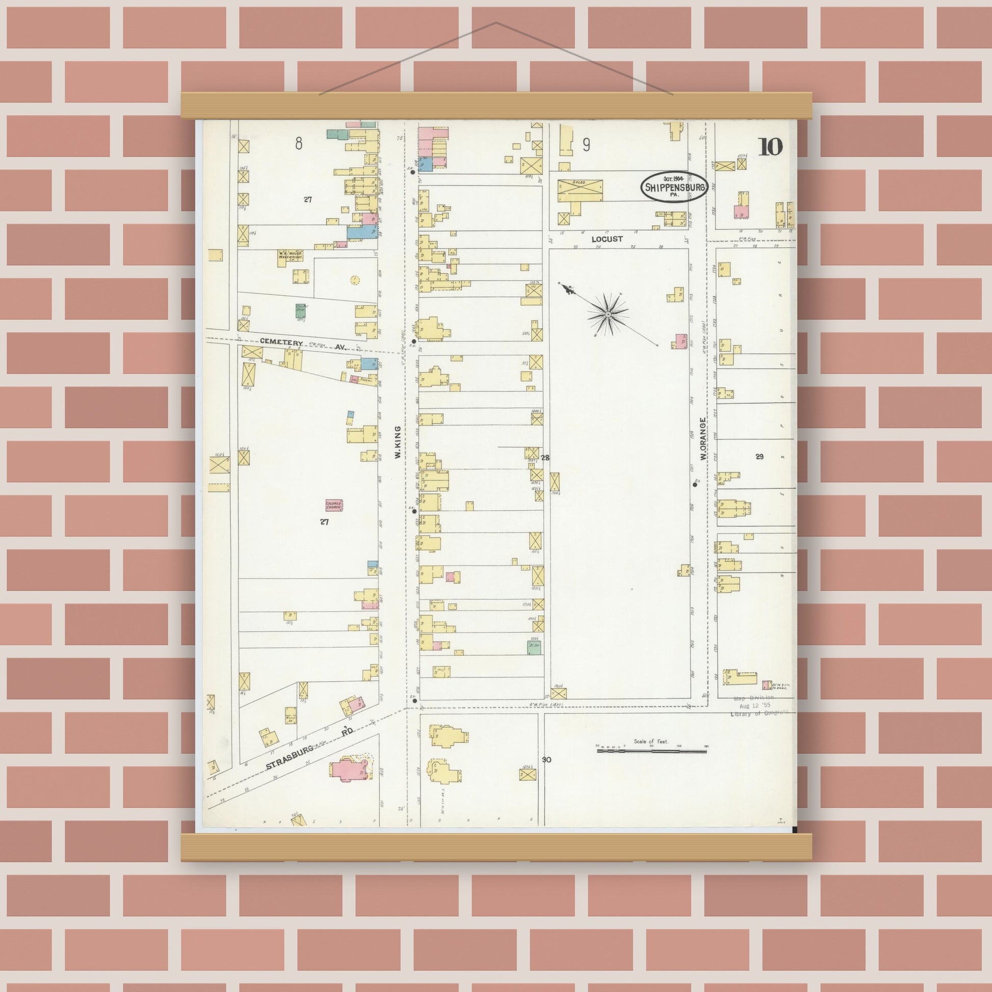 Old map wall art mockup — magnetic wood frame on brick wall — Sanborn Fire Insurance Map from Shippensburg, Cumberland And Franklin Counties, Pennsylvania (1904), Sheet #0010