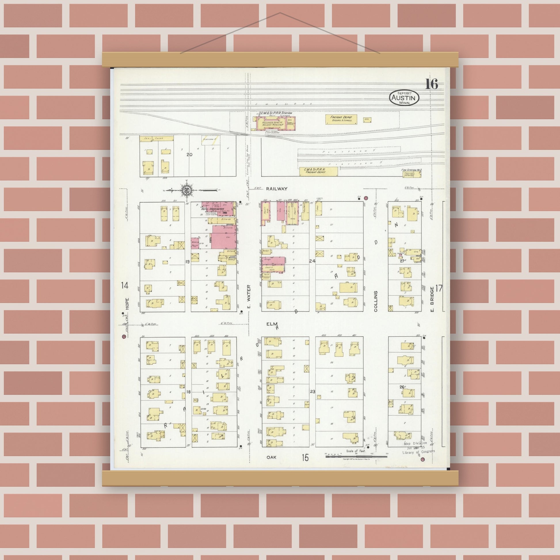 Old map wall art mockup — magnetic wood frame on brick wall — Sanborn Fire Insurance Map from Austin, Mower County, Minnesota (1917), Sheet #0016