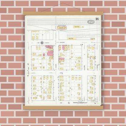 Old map wall art mockup — magnetic wood frame on brick wall — Sanborn Fire Insurance Map from Austin, Mower County, Minnesota (1917), Sheet #0016