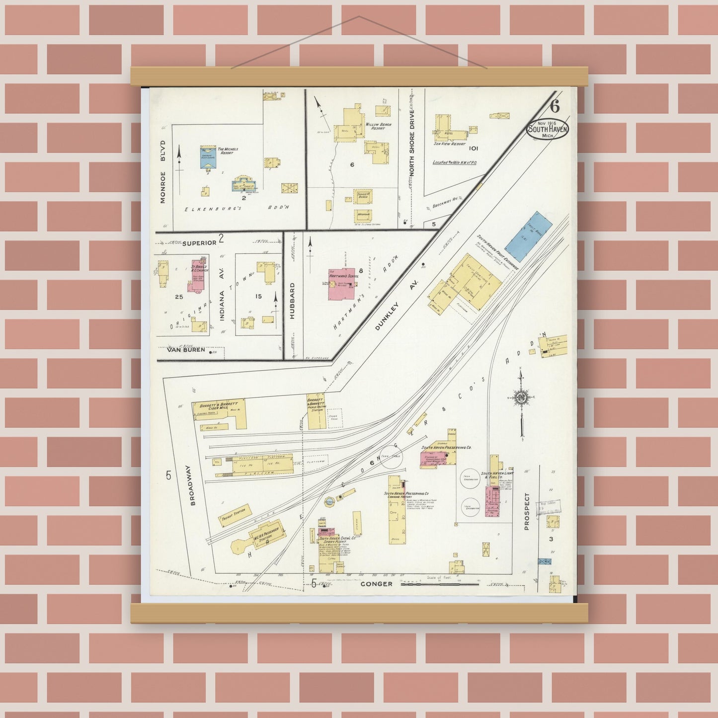 Old map wall art mockup — magnetic wood frame on brick wall — Sanborn Fire Insurance Map from South Haven, Van Buren County, Michigan (1916), Sheet #0006
