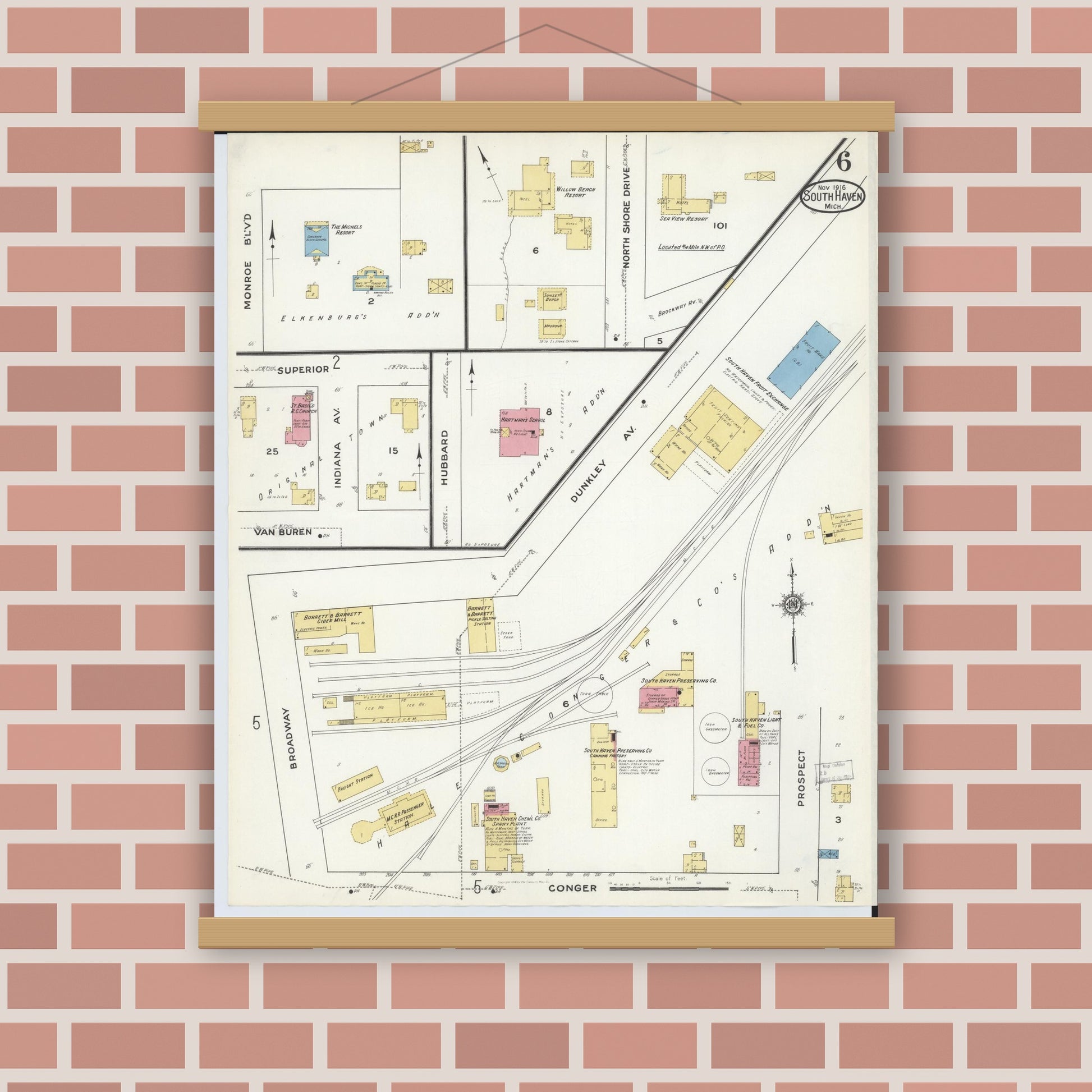 Old map wall art mockup — magnetic wood frame on brick wall — Sanborn Fire Insurance Map from South Haven, Van Buren County, Michigan (1916), Sheet #0006