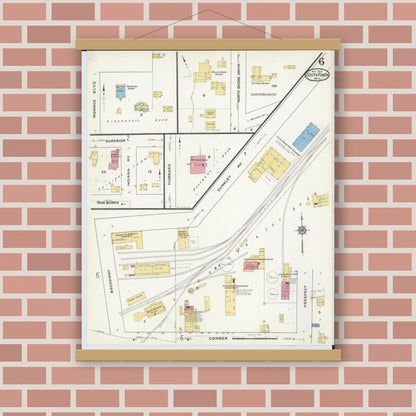 Old map wall art mockup — magnetic wood frame on brick wall — Sanborn Fire Insurance Map from South Haven, Van Buren County, Michigan (1916), Sheet #0006