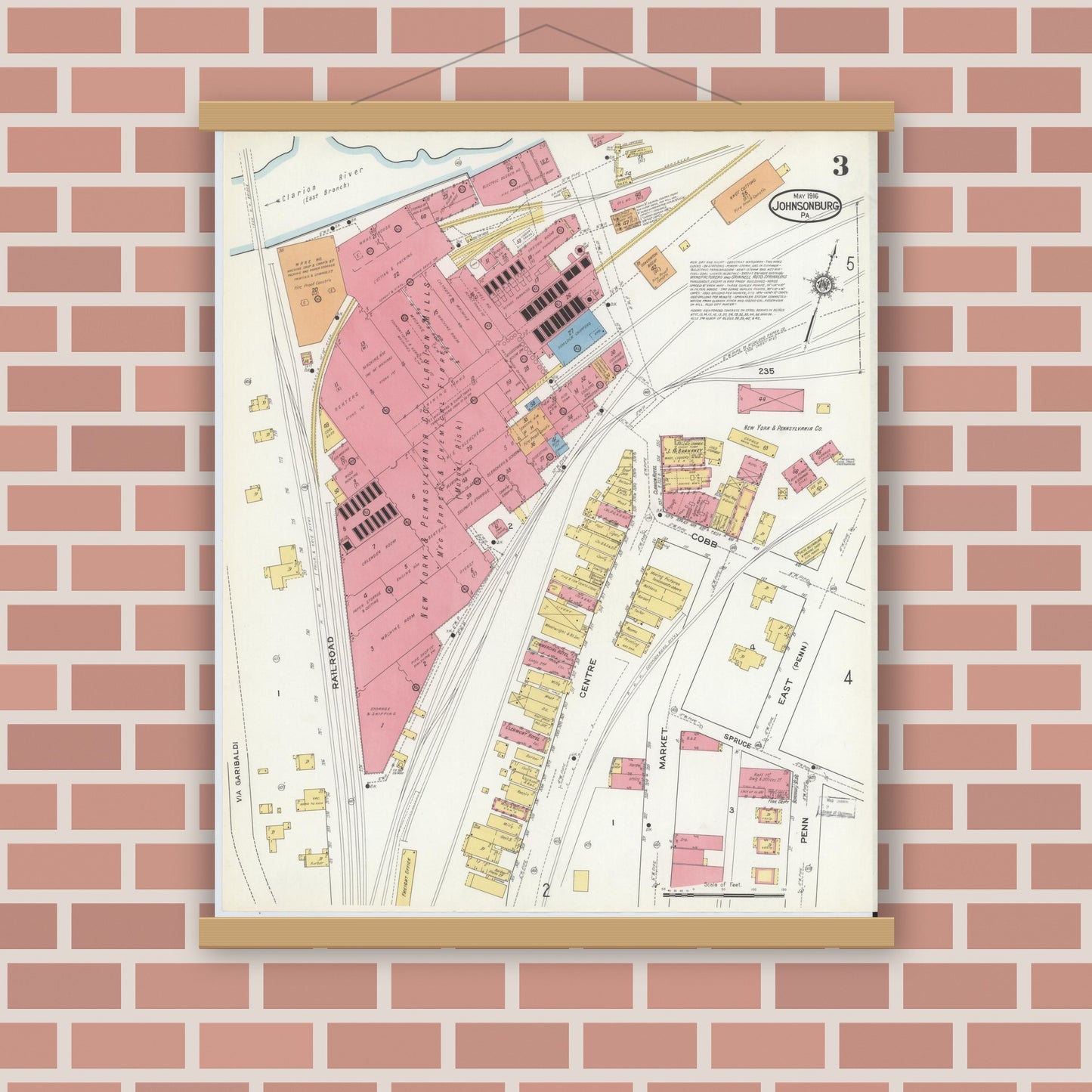 Old map wall art mockup — magnetic wood frame on brick wall — Sanborn Fire Insurance Map from Johnsonburg, Elk County, Pennsylvania (1916), Sheet #0003