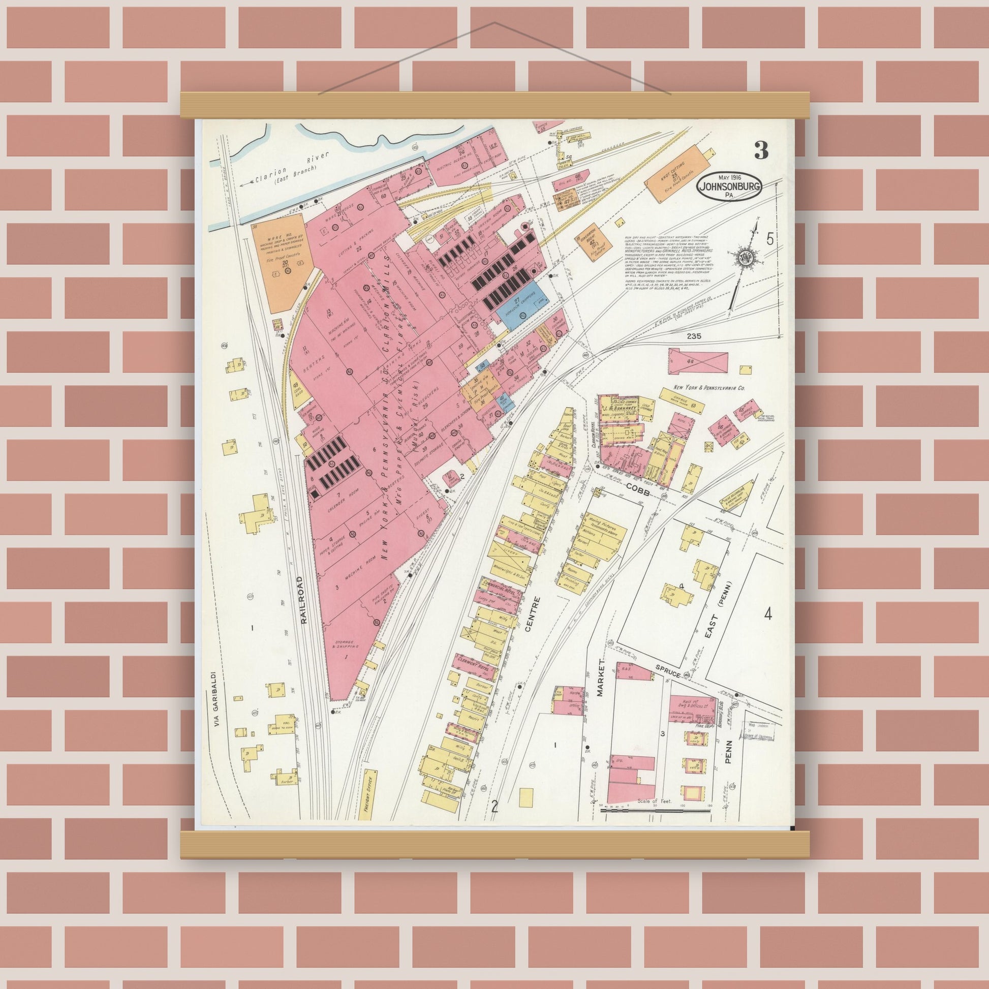 Old map wall art mockup — magnetic wood frame on brick wall — Sanborn Fire Insurance Map from Johnsonburg, Elk County, Pennsylvania (1916), Sheet #0003